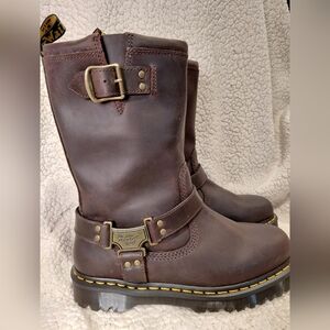 Dr Martens Anistone Hi  Men 9, Wms 10. Tall Pull On Biker Boot Brown Leather